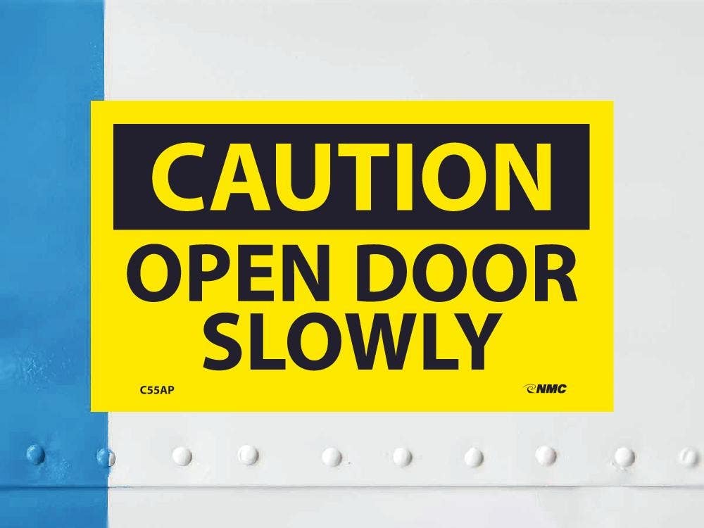 AccuformNMC C55AP Caution, Open Door Slowly Label, PS Vinyl, 3" x 5", 5/Pk
