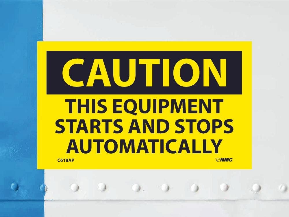 AccuformNMC C618AP Caution, This Equipment Starts And Stops Automatically Label, PS Vinyl, 3" x 5", 5/Pk