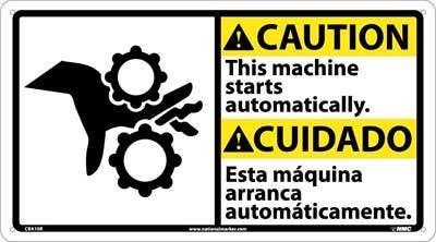 AccuformNMC CBA10 Caution, Automatic Machine Start Sign - Bilingual, 10" x 18"