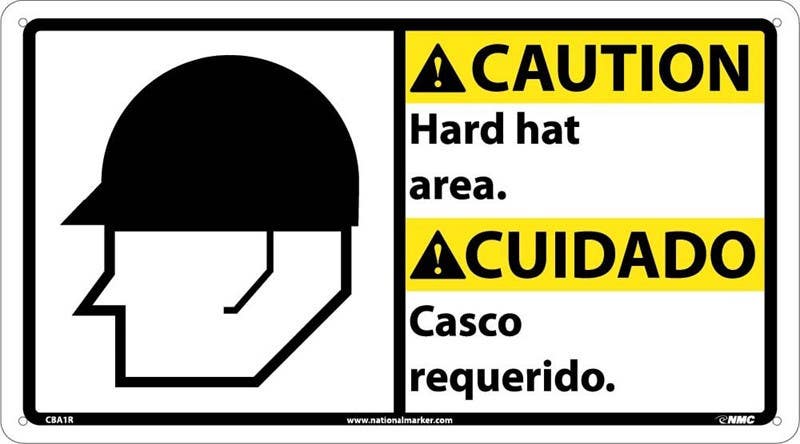 AccuformNMC MTAS600 Bilingual ANSI Caution Visual Alert Safety Sign, Hard Hat Area, 10" x 18"