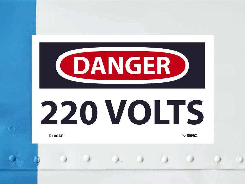 AccuformNMC D100AP Danger, 220 Volts Label, PS Vinyl, 3" x 5", 5/Pk