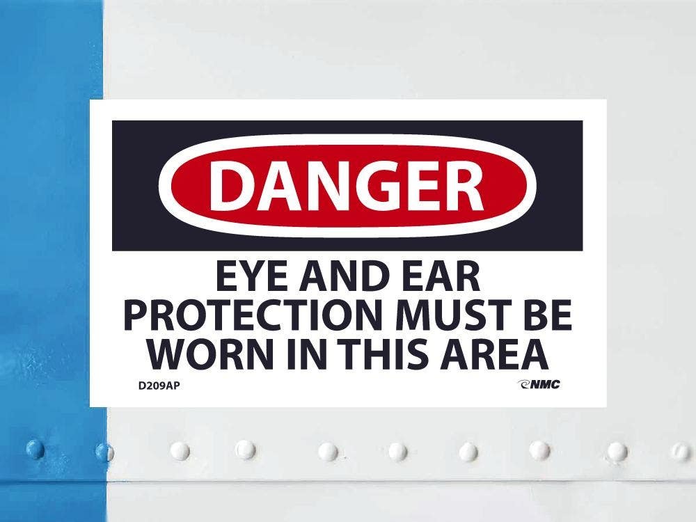 AccuformNMC D209AP Danger, Eye And Ear Protection Must Be Worn Label, PS Vinyl, 3" x 5", 5/Pk