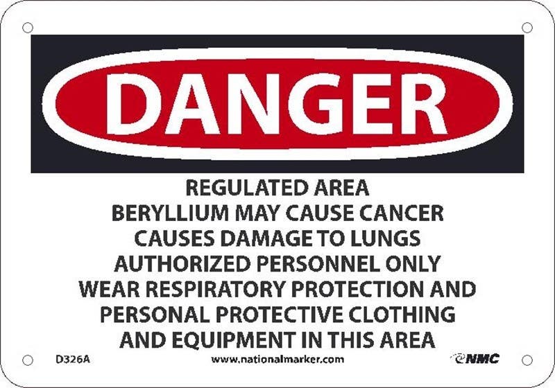 AccuformNMC D326A Danger, Beryllium Danger, Regulated Area Sign, 7" x 10", .040 Alum