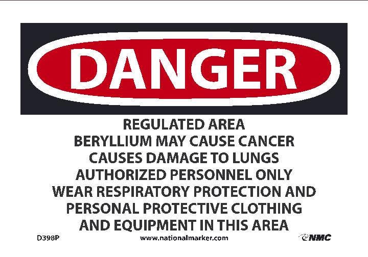 AccuformNMC D398 Danger, Beryllium Regulated Area Sign