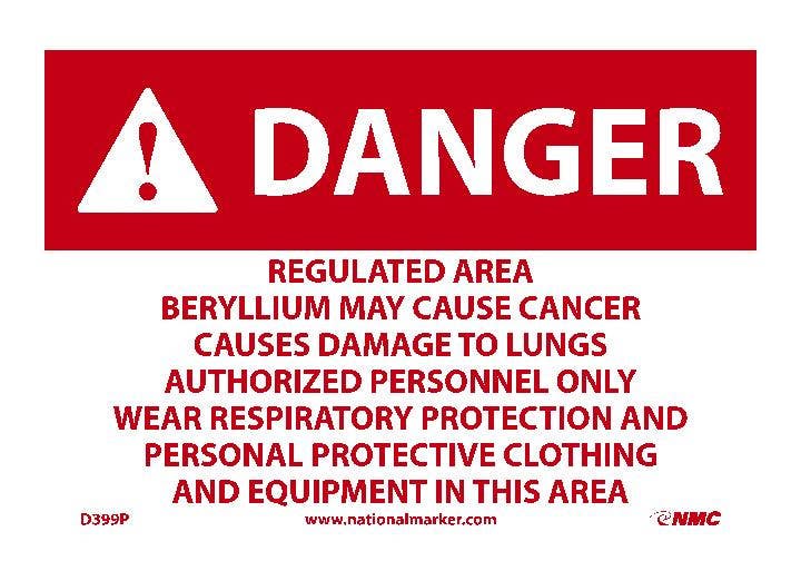 AccuformNMC D399 Danger, Beryllium Regulated Area Sign
