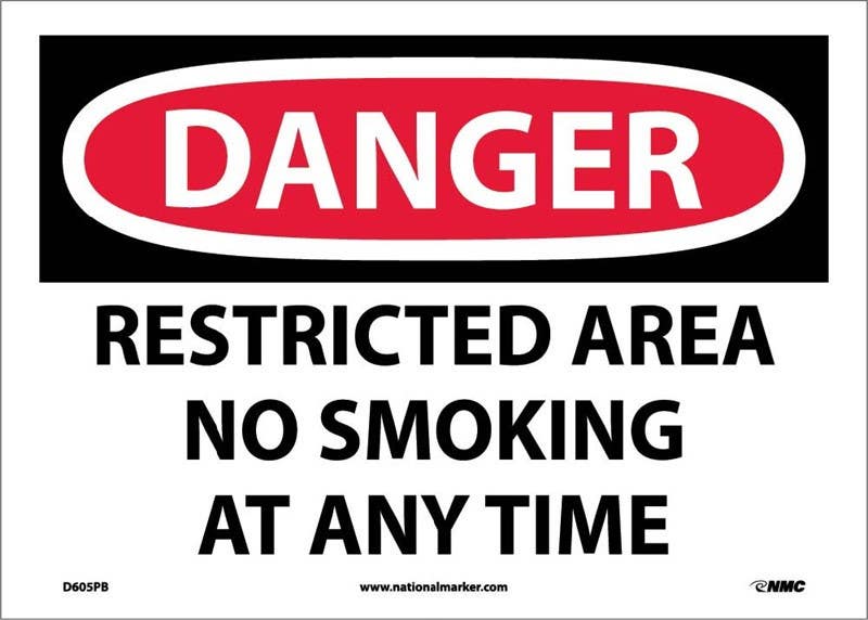 AccuformNMC D605 Danger, Restricted Area No Smoking At Any Time Sign, 10" x 14"