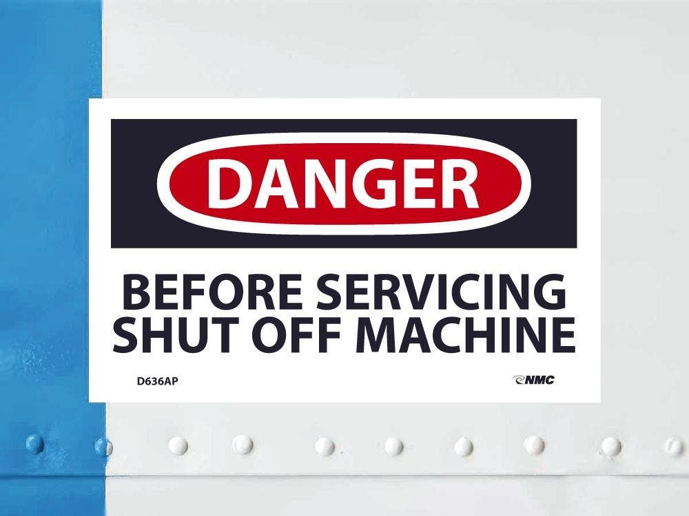 AccuformNMC D636AP Danger, Before Servicing Shut Off Machine Label, PS Vinyl, 3" x 5", 5/Pk