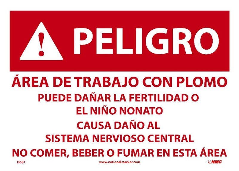 AccuformNMC D681 Danger, Spanish Lead Work Area Sign, Paper, 10" x 14", 100/Pk