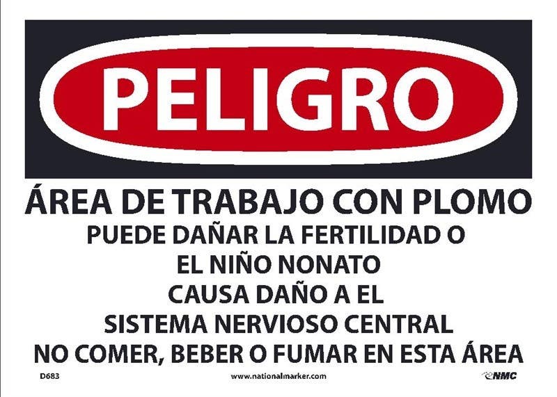 AccuformNMC D683 Danger, Spanish Lead Work Area Sign, Paper, 10" x 14", 100/Pk