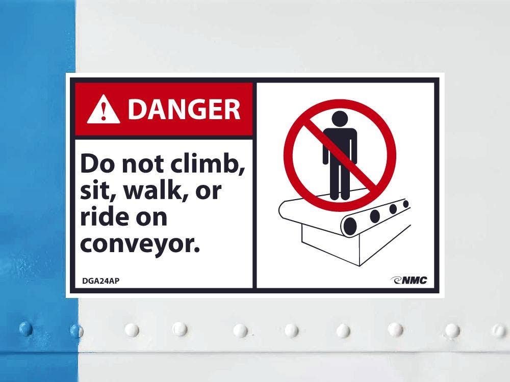 AccuformNMC DGA24AP Danger, Do Not Climb Sit Walk Or Ride On Conveyor Label, PS Vinyl, 3" x 5", 5/Pk