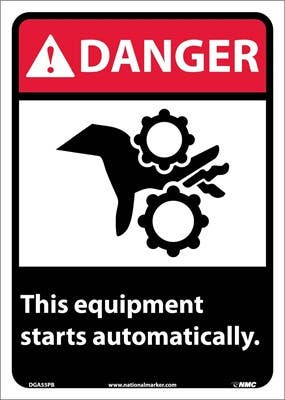 AccuformNMC MRQM ANSI Danger Equipment Safety Sign, This Equipment Starts Automatically