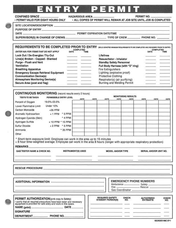 AccuformNMC CBS246 Confined Space Permits, Entry Permits, 8-1/2" x 11", 100/Pk