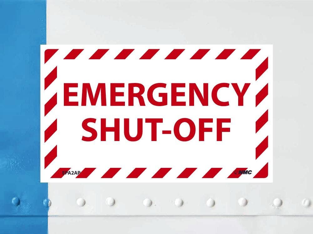 AccuformNMC EPA2AP Emergency Shut Off Label, 3" x 5", Adhesive Backed Vinyl, 5/Pk