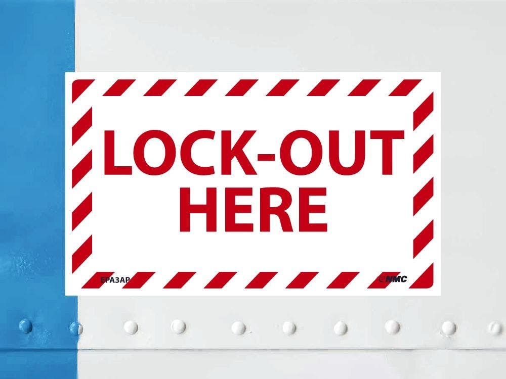 AccuformNMC EPA3AP Lock-Out Here Label, 3" x 5", Adhesive Backed Vinyl, 5/Pk