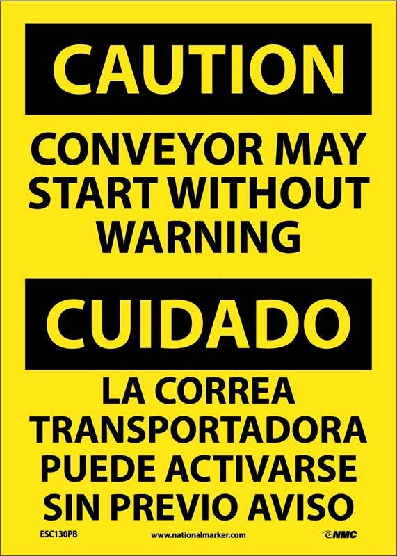 AccuformNMC ESC130 Caution, Conveyor May Start Warning Sign (Bilingual), 14" x 10"