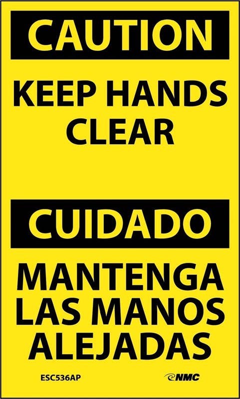 AccuformNMC ESC536AP Caution, Keep Hands Clear Bilingual Label, 5" x 3", Adhesive Backed Vinyl, 5/Pk