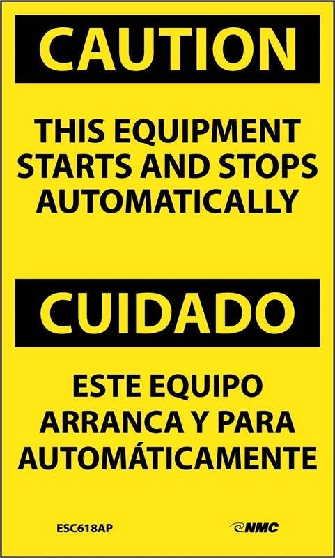 AccuformNMC ESC618AP Caution, This Equipment Starts And Stops Automatically Bilingual Label, 5" x 3", 5/Pk