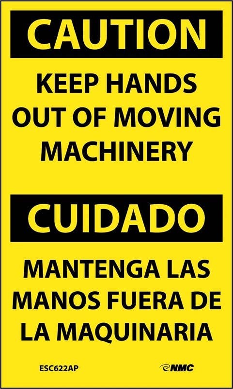 AccuformNMC ESC622AP Caution, Keep Hands Out Of Moving Machinery Bilingual Label, 5" x 3", 5/Pk