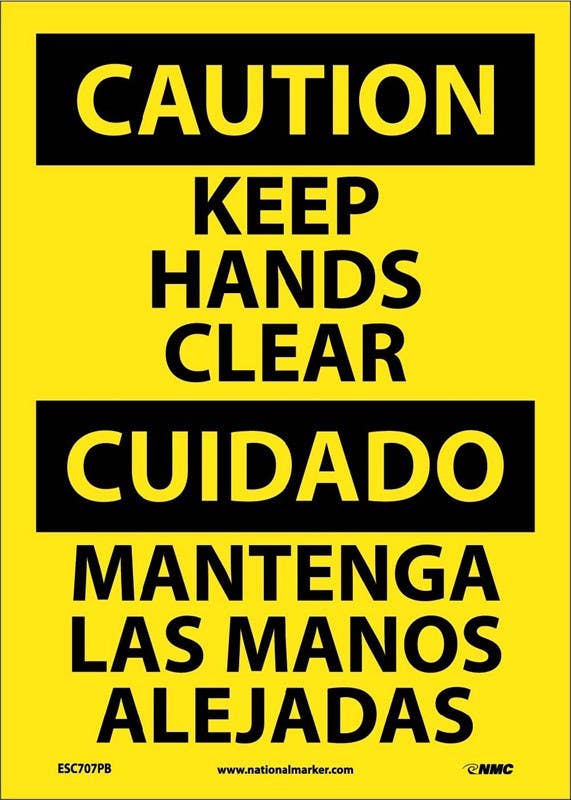 AccuformNMC SBMEQM623 Bilingual OSHA Caution Safety Sign - Keep Hands Clear, 14" x 10"