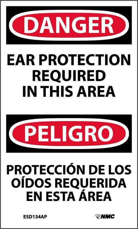 AccuformNMC ESD134AP Danger, Ear Protection Required Label (Bilingual), 5" x 3", Adhesive Backed Vinyl, 5/Pk