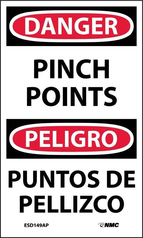 AccuformNMC ESD149AP Danger, Pinch Point Bilingual Label, 5" x 3", Adhesive Backed Vinyl, 5/Pk