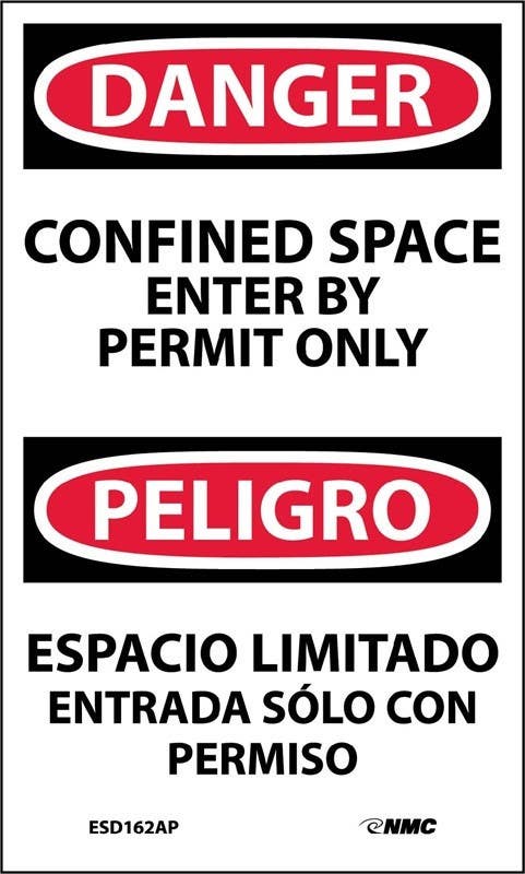 AccuformNMC ESD162AP Danger, Confined Space Enter By Permit Only Bilingual Label, 5" x 3", Adhesive Backed Vinyl, 5/Pk