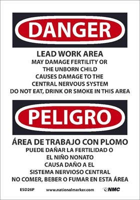 AccuformNMC ESD26 Danger, Lead Work Area, May Cause Cancer Sign - Bilingual
