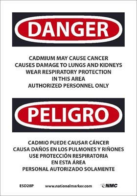 AccuformNMC ESD28 Danger, Cadmium May Cause Cancer Causes Sign - Bilingual