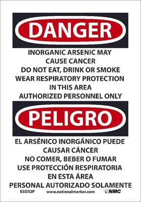 AccuformNMC ESD32 Danger, Inorganic Arsenic May Cause Cancer Sign - Bilingual