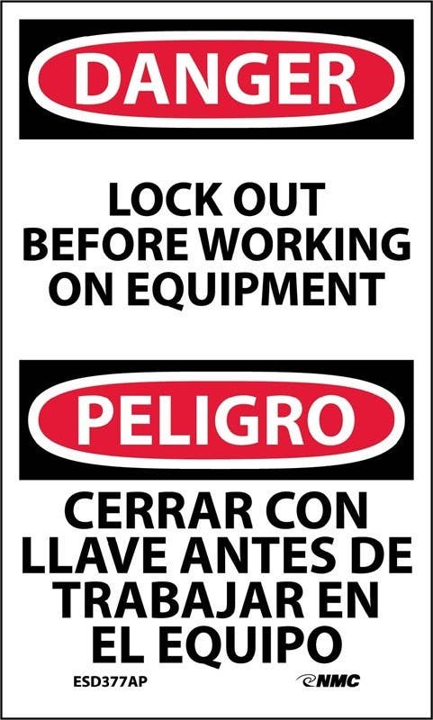AccuformNMC ESD377AP Danger, Lockout Before Working On Equipment Label (Bilingual), 5" x 3", 5/Pk