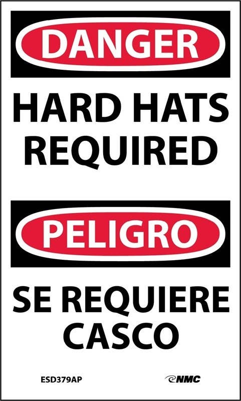 AccuformNMC ESD379AP Danger, Hard Hats Required Label (Bilingual), 5" x 3", Adhesive Backed Vinyl, 5/Pk