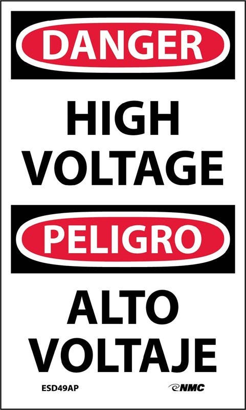 AccuformNMC ESD49AP Danger, High Voltage Sign (Bilingual), 5" x 3", Adhesive Backed Vinyl, 5/Pk
