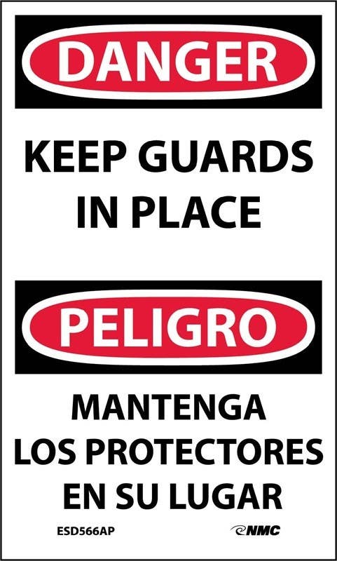 AccuformNMC ESD566AP Danger, Keep Guards In Place Bilingual Label, 5" x 3", Adhesive Backed Vinyl, 5/Pk