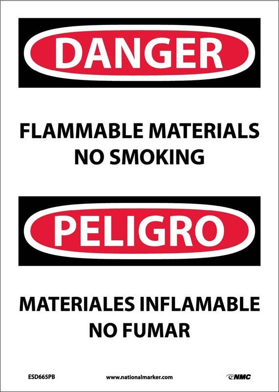 AccuformNMC ESD665 Danger, Flammable Materials No Smoking Sign (Bilingual), 14" x 10"