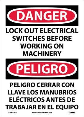 AccuformNMC SBMLKT101 Bilingual OSHA Danger Safety Sign, Lock Out Electrical Switches..., 14" x 10"
