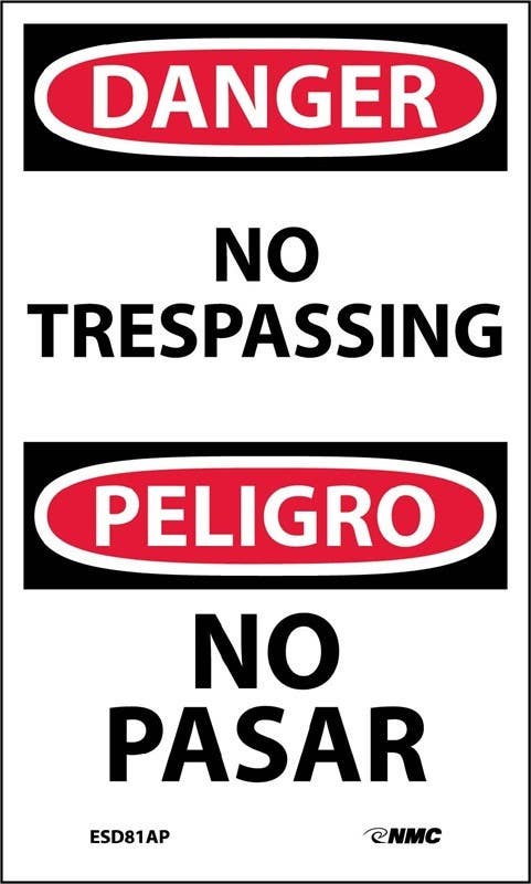 AccuformNMC ESD81AP Danger, No Trespassing Sign (Bilingual), 5" x 3", Adhesive Backed Vinyl, 5/Pk