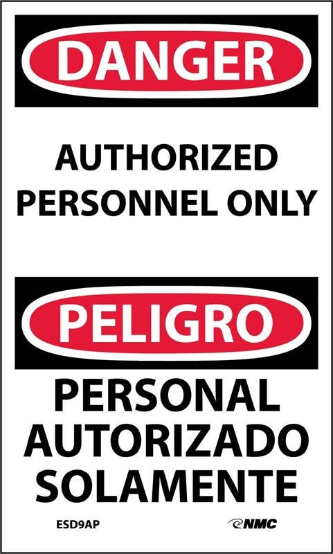 AccuformNMC ESD9AP Danger, Authorized Personnel Only Sign (Bilingual), 5" x 3", Adhesive Backed Vinyl, 5/Pk