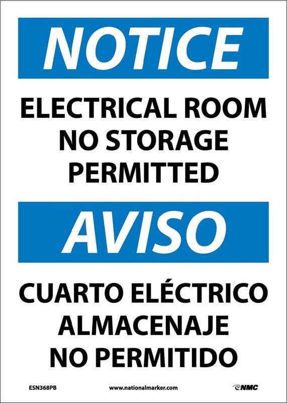 AccuformNMC SBMELC Bilingual OSHA Notice Safety Sign, Electrical Room - No Storage Permitted