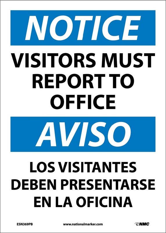 AccuformNMC ESN369 Notice, Visitors Report To Office Sign - Bilingual, 14" x 10"