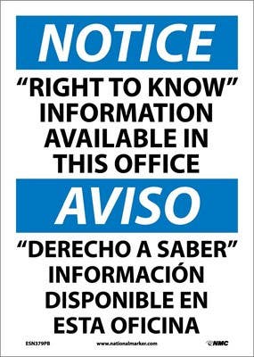 AccuformNMC ESN379 Notice, "Right To Know" Information Available Sign - Bilingual, 14" x 10"