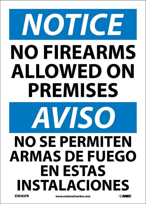 AccuformNMC SBMACC821 Bilingual OSHA Notice Safety Sign, No Firearms Allowed On Premises, 14" x 10"