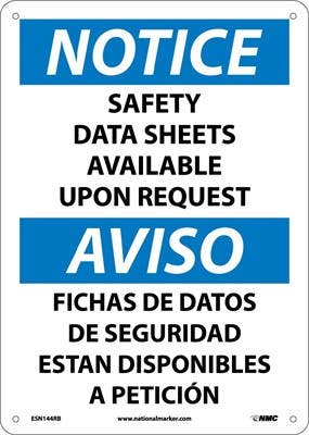 AccuformNMC SBMCHM Bilingual OSHA Notice Safety Sign, Safety Data Sheets Available Upon Request