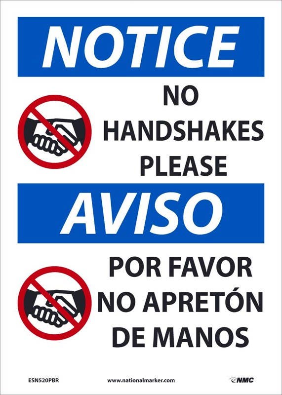 AccuformNMC ESN520 Notice, No Handshakes Please Sign, Bilingual , 14" x 10"