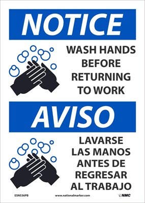 AccuformNMC SBMRST Bilingual OSHA Notice Safety Sign, Wash Hands Before Returning To Work