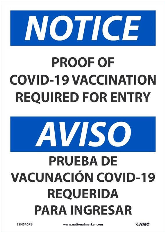 AccuformNMC ESN540 Notice, Proof Of Vaccination Required For Entry Sign, Eng/Esp, 14" x 10"