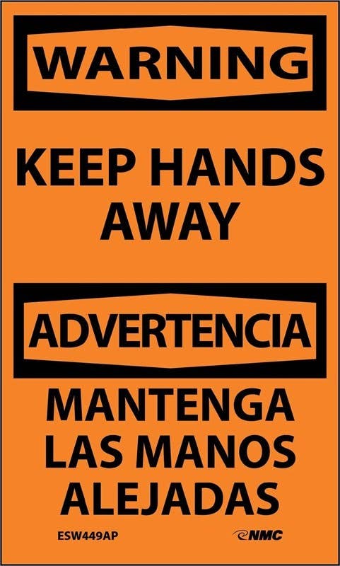 AccuformNMC ESW449AP Warning, Keep Hands Away Label, Bilingual, 5" x 3", Adhesive Backed Vinyl, 5/Pk