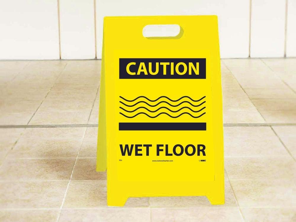 AccuformNMC PFE405 OSHA Caution Reversible Fold-Ups Floor Sign, Wet Floor/Slippery When Wet, 20" x 12"