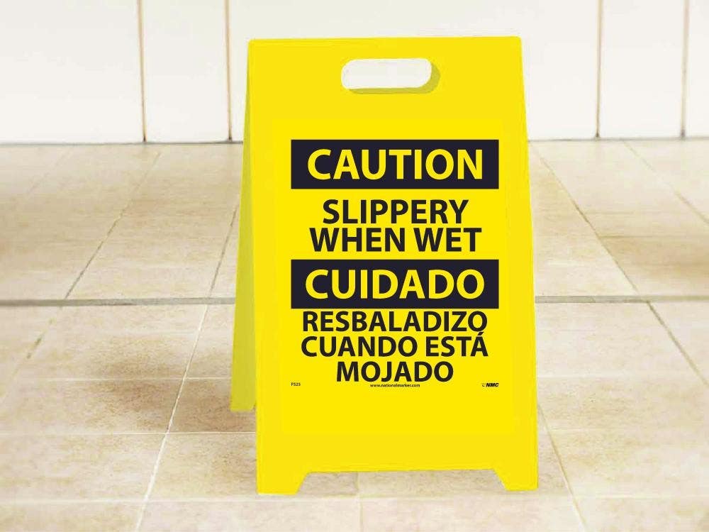 AccuformNMC FS25 Caution, Slippery When Wet - Bilingual Double-Sided Floor Sign, 19" x 12"