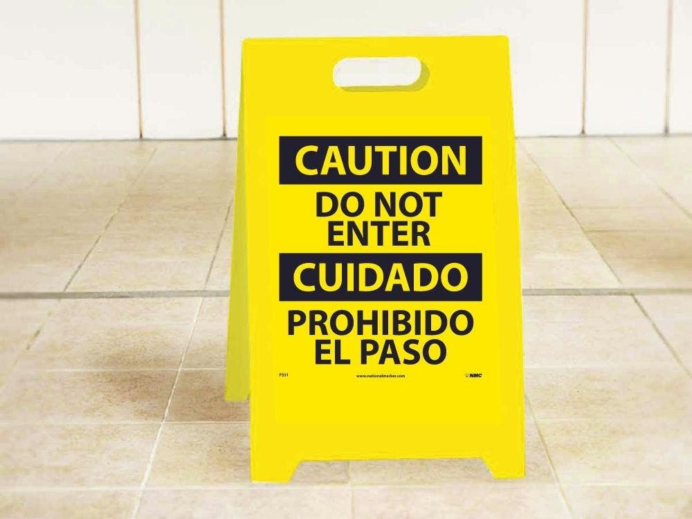 AccuformNMC FS31 Caution, Do Not Enter - Bilingual Double-Sided Floor Sign, 19" x 12"