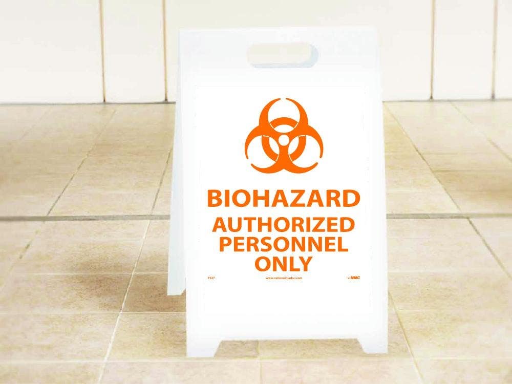 AccuformNMC PFE442 OSHA Danger Reversible Fold-Ups Floor Sign, Biohazard/Restricted Area, 20" x 12"